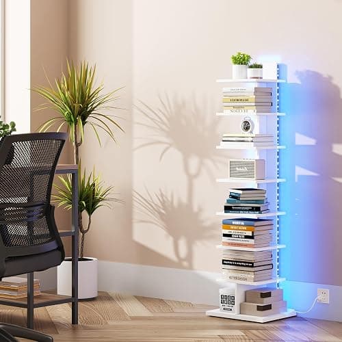 TUTOTAK Narrow Bookshelf, 8-Tier Bookcase with LED Lights, Spine Book Shelf for Small Space, Corner Standing Shelf for Living Room, Office, Study, Entryway, White BS06BW008L thumbnail 6