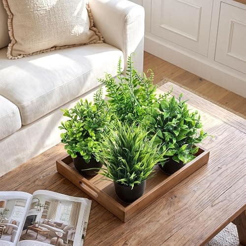 ComRola 4 Pack Small Fake Plants in Black Pots Fern Grass Mix | Faux Artificial Indoor Greenery, Realistic Mini Foliage for Bathroom Decor, Office Shelf & Console Table thumbnail 6
