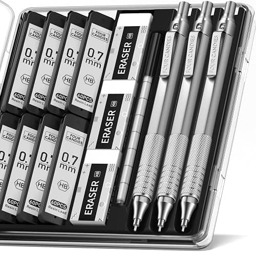 Four Candies 0.7mm Mechanical Pencil Set with Case, 3PCS Metal Artist Lead Pencil with 8 Tubes (480PCS) HB Lead Refills, 3 Erasers, 9 Eraser Refills For Engineer Art Writing Drawing Drafting, Silver - Image 1