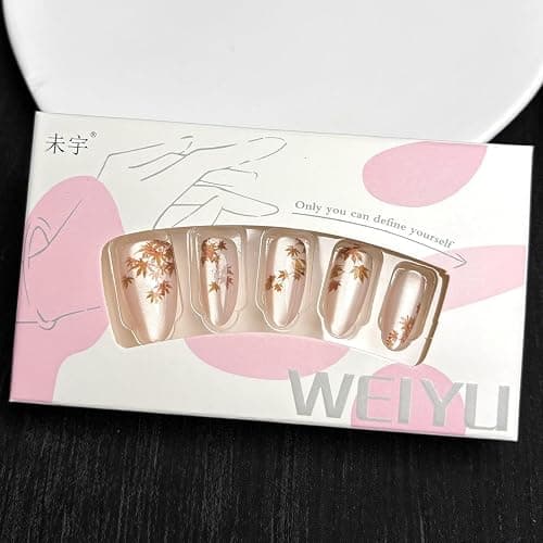 30 Pcs Fall Press on Nails Almond Fake Nails with Maple Leaf Design Nude Cat Eye False Nails Medium Glossy Acrylic Nails Autumn Thanksgiving Stick on Nail for Women thumbnail 6