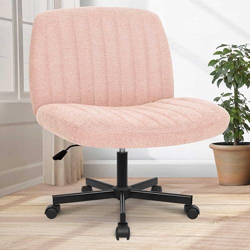 Orange Factory Criss Cross Chair with Wheels Comfy Cross Legged Office Desk Armless Wide Vanity Makeup Chair Adjustable Rolling Computer for Home Office Fabric (Pink) - Pink - With Wheels - Image 1