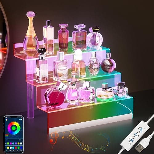 Golener 12" Acrylic Display Organizer with LED, Perfume Organizer for Women | 3-Tier Cologne Organizer for Men, Perfume Stand and Display Step Shelves Holder, Clear Riser, Figures Stand, Dessert Shelf thumbnail 9