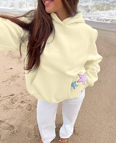 AKLOPVII Women Y2k Cute Star Graphic Embroidery Oversized Fleece Hoodies Striped Plaid Patch Pullover Hooded Sweatshirt thumbnail 3