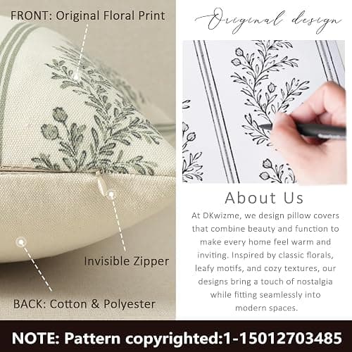 DKwizme Vintage Throw Pillow Covers 18x18 Set of 2, Striped Floral Pillow Cover Botanical Patterned Decorative Cushion Covers Modern Farmhouse Home Decor for Sofa Couch Bed Living Room, Moss Green thumbnail 3