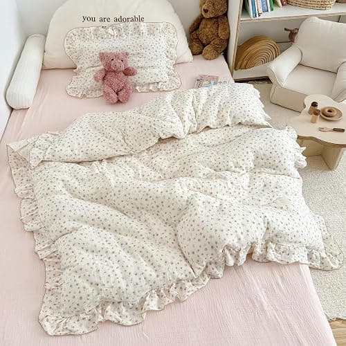 VM VOUGEMARKET 3 Pieces Full Cream Duvet Cover Set Ruffled,Girls Double-Layer Cotton Gauze Duvet Cover with Floral Pattern,Zipper Closure & Corner Ties,80"x90" thumbnail 5