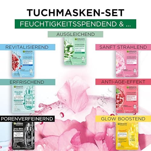 Garnier Tuchmasken Set für jeden Hauttyp, 7 Gesichtsmasken für trockene bis normale Haut, Vegane Formel mit Hyaluronsäure, Hydra Bomb und Nutri Bomb Maskenset, 7 x 28 g thumbnail 7