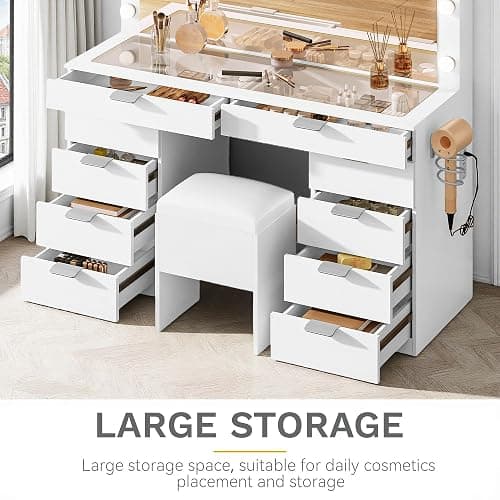 DWVO Vanity Desk Set with Mirror & Power Outlets, Vanity Table with Stool, 12 LED Bulbs, 3 Dimmable Light Colors, 10 Drawers, Hair Dryer Rack & Magnifying Mirror thumbnail 4