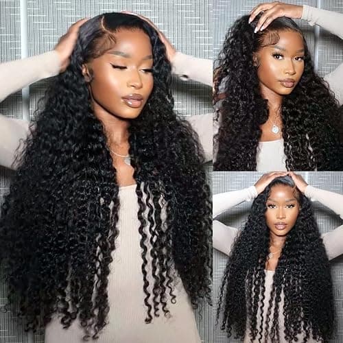 18 Inch Women's Real Hair Wig,Deep Wave Human hair Wig,200 Density 13X4 HD Transparent Lace Front Glueless Wigs For Black Women Pre Plucked,Natural Black Curly echthaar perücke (46cm) thumbnail 2
