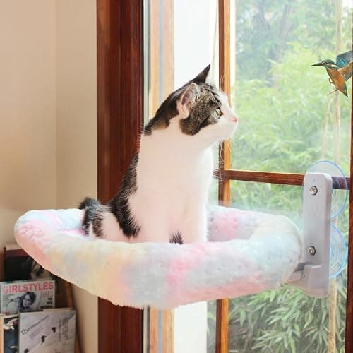 Cat Window Perch, Sturdy Cat Hammock with Strong Suction Cups for Large Heavy Cats, Gradient Color Shiny Fabic with Cushioned Border, Cute Window Bed Seat for Cats Inside with Movable Toy Hooks (XL) thumbnail 6