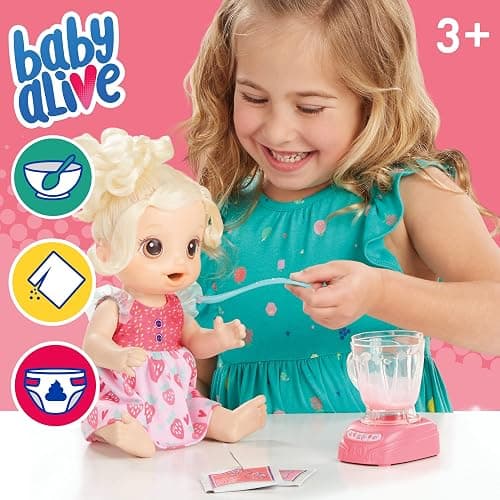 Baby Alive Magical Mixer Baby Doll, Strawberry Shake, Doll with Toy Blender, Baby Doll Set for Kids 3 and Up, Blonde Hair thumbnail 3