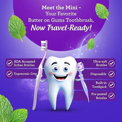 GuruNanda Mini Disposable Toothbrushes with Toothpaste & Toothpick, Prepasted Ready-to-Go Travel Toothbrush with Butter on Gums Bristles - Fluoride Free, No Rinsing, Individually Wrapped, 70 Ct thumbnail 7