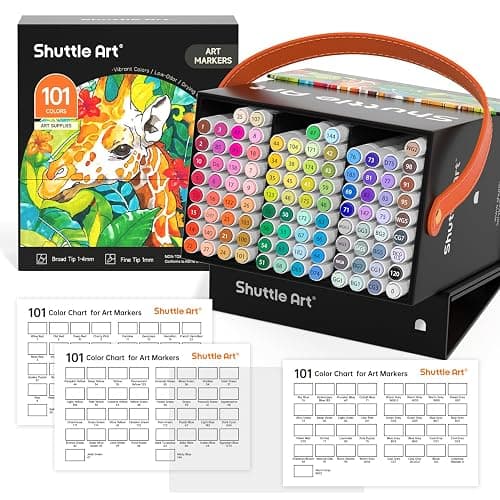 Shuttle Art 101 Colors Dual Tip Alcohol Based Art Markers,100 Colors plus 1 Blender Permanent Marker Pens Highlighters with Case Perfect for Illustration Adult Coloring Sketching and Card Making - Image 1