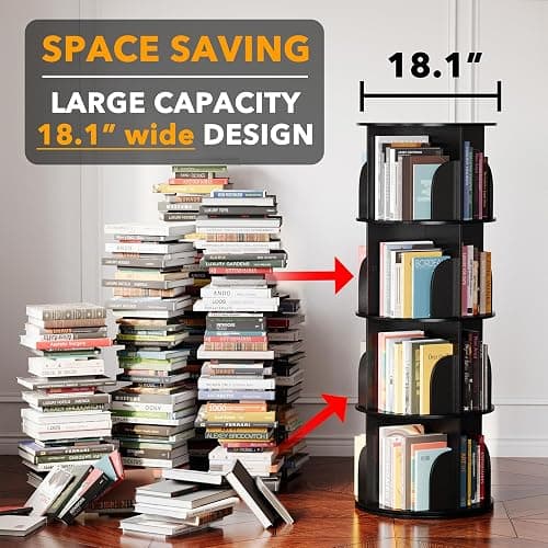 SpaceAid 4 Tier Rotating Bookshelf Tower, Spinning Bookcase Lazy Susan, Revolving 360 Book Shelf Storage Round Carousel, Vertical Rotate Turning Spiral Corner Organizer, Black thumbnail 3