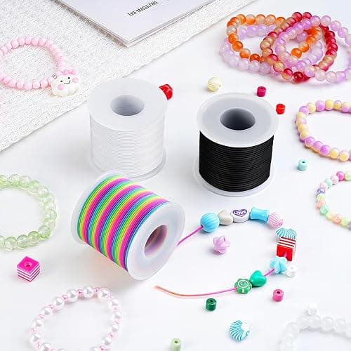 1 mm Stretchy Bracelet String with Scissors Beading Needle, 4 Rolls,660FT | Elastic String for DIY Crafts, Stretchy Cord for Jewelry Making Sewing Necklace Beading (Black, White, Rainbow) thumbnail 6