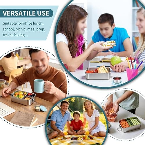TeamFar Stainless Steel Bento Box, 47oz/1400ml Metal Lunch Box with Condiment Container for Adults/Kids, 3 Compartment Food Storage Container for School/Work, Leak-Proof & Dishwasher Safe, Blue thumbnail 7