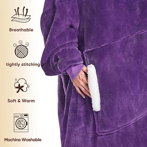 yescool Wearable Blanket Hoodie - birthday gifts for Adults/Women/mom, Flannel Cozy Sherpa Fleece Blanket Sweatshirt with Hood, Pocket & Sleeves, Large, One Size Fits All (Deep Purple) thumbnail 5