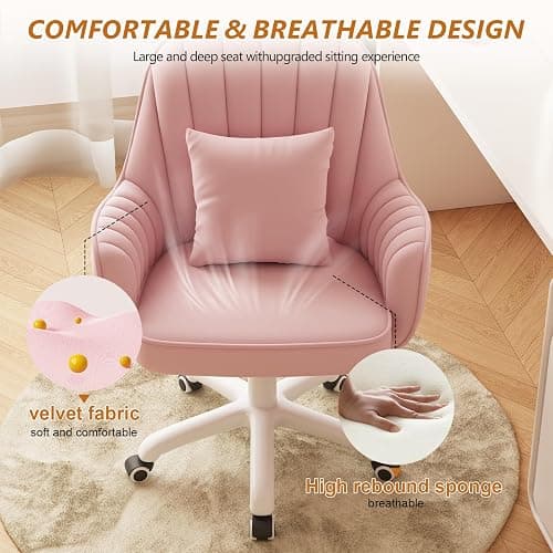 WXJHL Mid-Back Velvet Desk Chair, Height Adjustable Swivel Vanity Chair with Wheels, Rolling Accent Chair for Home Office, Bedroom, Living Room, Pink thumbnail 4