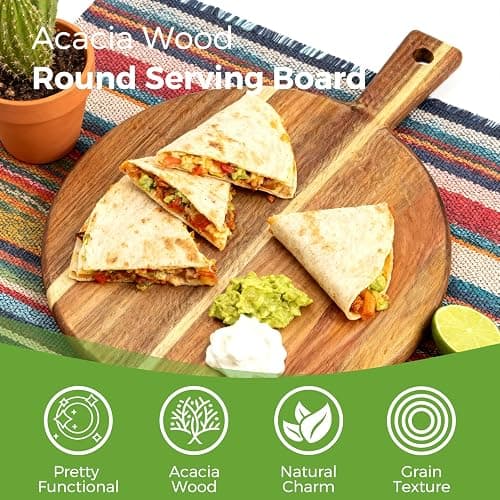 S310 Acacia Wood Round Cutting Board with Handle, Wooden Chopping Board for Meat, Cheese, Bread & Vegetables, Decorative Charcuterie Serving Board for Kitchen Cooking, Pizza & Party Dining, 17"x13" thumbnail 4