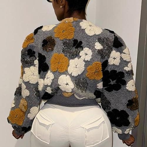 OPCAKM Women's Cropped Floral Print Shacket Jackets Round Neck Long Sleeve Bomber Coat Outerwears thumbnail 5