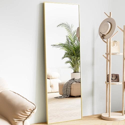 Sweetcrispy 59"x16" Full Length Mirror, Standing or Leaning Full Body Mirror with Aluminum Alloy Thin Frame, Suitable for Bedroom or Cloakroom,Gold - Image 1