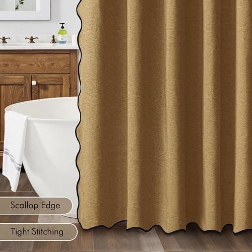 MIULEE Gold Brown Scalloped Shower Curtain Linen Textured with 12 Metal Hooks Cute Heavy Duty Washable Waterproof Thick Cloth Shower Curtains with Black Border for Bathroom Hotel Bathtub,W72*L72 thumbnail 5