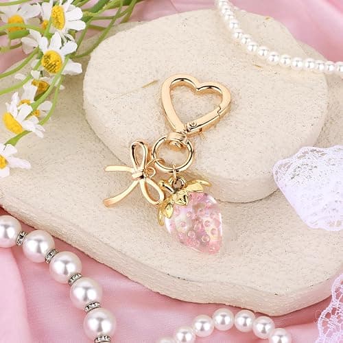 Apausvcm Strawberry Keychain, Cute Strawberry Bag Charms for Women Girls Bow Heart Key chains Strawberry Themed Charm Accessories for Handbags Bag Purse Wallet Cellphone Car thumbnail 4