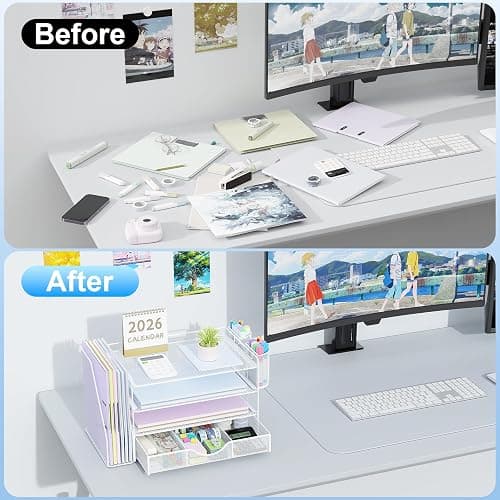 gianotter Desk Organizers and Accessories with File Holder, 4-Tier Desk Accessories & Workspace Organizers with Drawer and 2 Pen Holder, Paper Organizer for Office Supplies (White) thumbnail 4