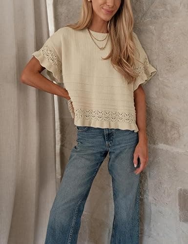Yeokou Womens Short Sleeve Sweater Round Neck Ruffled Hem Knit Crochet Pullover Summer Fall Casual Top Blouse thumbnail 2