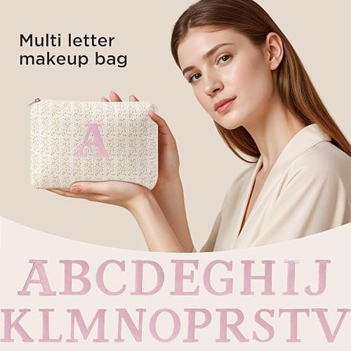 HBselect Initial Quilted Makeup Bag, Pink Cosmetic Travel Toiletry Bag, Flowers Coquette Zipper Make Up Pouch Organizer Teen Girl Gift Trendy Stuff M thumbnail 8