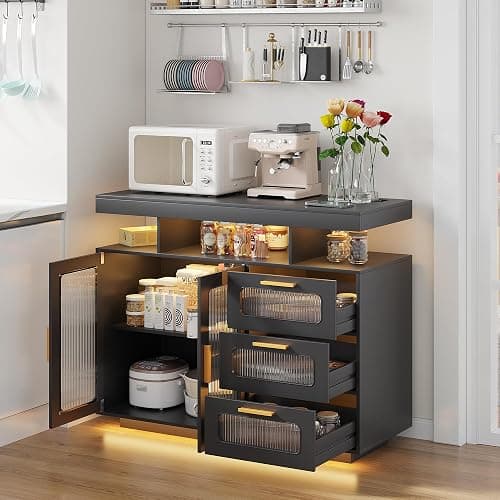 HWB Coffee Bar Cabinet with Storage, Buffet Sideboard with RGB Light, Modern Coffee Bar Table with Charging Station, Black thumbnail 7