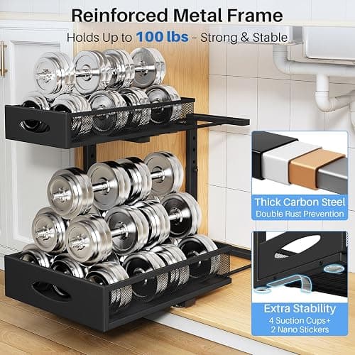 Under Sink Organizer, 2 Pack 2 Tier Pull Out Under Cabinet Organizer Shelf with Pad for Framed Cabinets, Metal Slide Out Under Sink Storage, Mesh Sliding Drawers for Kitchen Bathroom Laundry, Black thumbnail 7