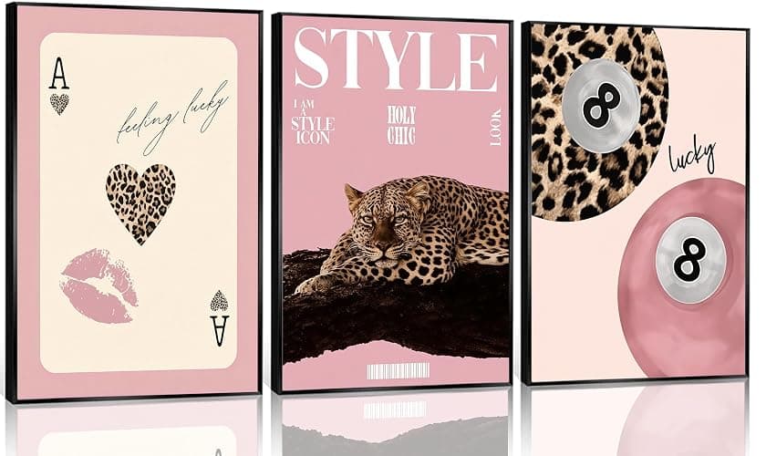 Set of 3 Trendy Pink Leopard Canvas Wall Art Funky Lucky 8 Ball Posters Prints Preppy Room Aesthetic Cheetah Wall Decor Pictures for Girls Bedroom Apartment Dorm Decoration Unframed - Image 1