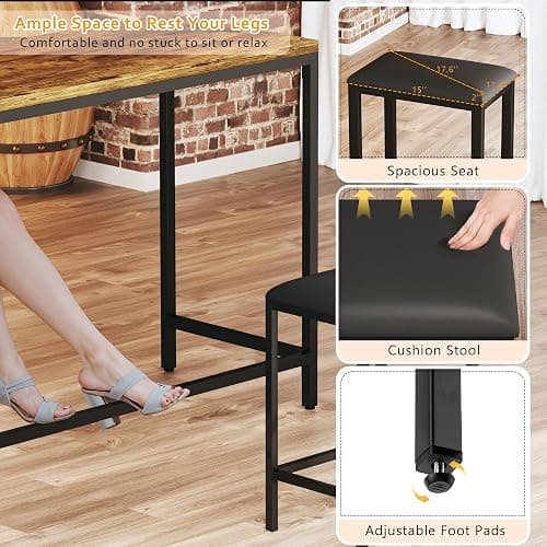 Bar Table and Chairs Set for 2-4, 63'' Convertible L-Shaped Kitchen Table with Power Outlets, 3 Piece Counter Height Small Dining Table with 2 Stools, Space Saving, Breakfast Nook Corner, Rustic Brown thumbnail 8