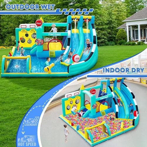 FINCOME Bounce House Double Slides for Kids 3-10, Large Bounce Castle with Air Blower 550W, Pool, Jumping, Climbing, Balls, Ring Toss, Inflatable Water Park for Birthday Party Holiday Outdoor Indoor thumbnail 4