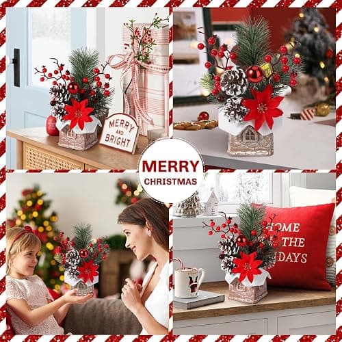 Small Christmas Tree Tabletop Artificial Mini Christmas Tree Decorations with Holiday Ornaments Red Berry Pine Cone Greenery for Home Indoor Fireplace Mantel Xmas Decor (Cabin-Red Flowers) thumbnail 6
