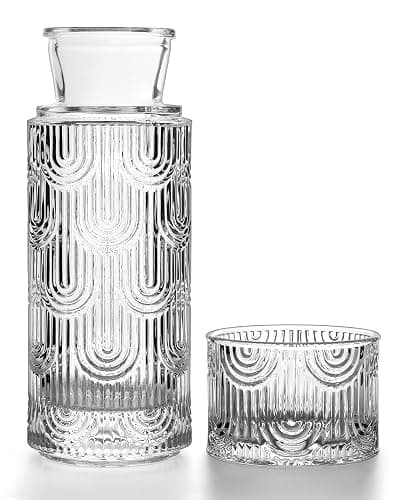 DmmyAlzx Bedside Water Carafe and Glass Set, Mouthwash Dispenser for Bathroom, 21.6 Oz Glass Water Bottles with 6 Oz Drinking Cup as Lid, Pitcher for Nightstand (Clear) - Image 1