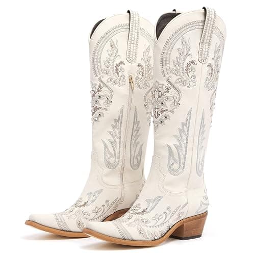 Western Cowboy Boots for Women Embroidered Rhinestones Knee High Cowgirl Boots Pointed Toe Chunky Heel Fashion Retro Classic Tall Boot - 8 - Cream thumbnail 6