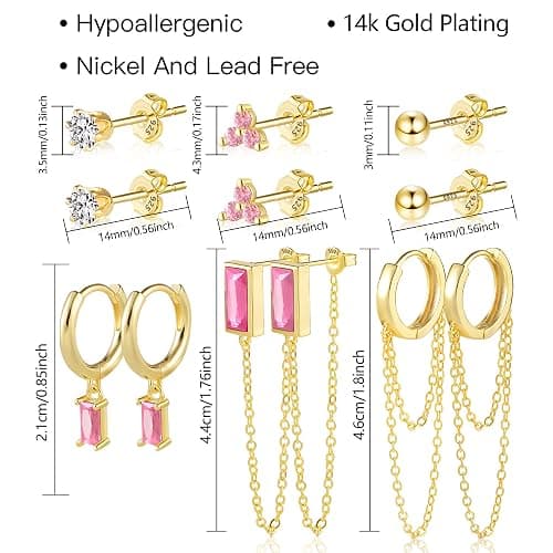 BOUTIQUELOVIN 14K Gold Stud Earrings Set for Women, for Multiple Piercing 925 Silver Plated Studs Earrings and Zirconia Earring Set Small Huggie Hoop Chain Earing thumbnail 5