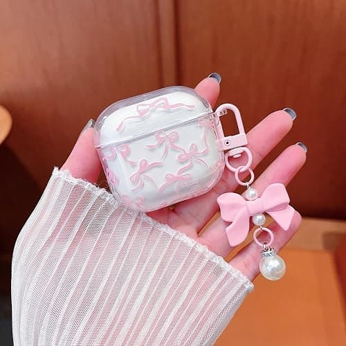 MINSCOSE Compatible with AirPods 4 Clear Case,Cute Ribbon Bow Pretty Aesthetic Design with Bow Pearl Keychain,Soft TPU Protective Shockproof Case for Women Girl for Airpod 4-Pink thumbnail 3