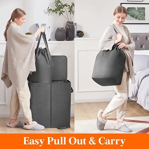 Lifewit Double Laundry Hamper with Lid and Removable Laundry Bags, Large Collapsible 2 Dividers Dirty Clothes Basket with Handles for Bedroom, Laundry Room, Closet, Bathroom, College, 136L Black thumbnail 7