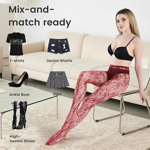 SERAPHY Lace Tights Women Black White Floral Patterned Fishnet Stockings thumbnail 4