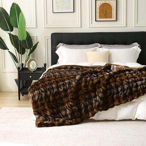 MERRYLIFE Luxury Thick Plush Tiger Print Faux Rabbit Fur Throw Blanket Ultra-Plush Cozy Soft Decorative Blanket Use for Couch Bed Travel (Tiger, 60"*80") thumbnail 4