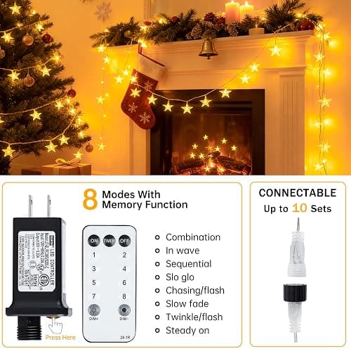 HEYFUNi Warm White Star String Lights,39FT 100LED Plug in Fairy Twinkle Lights with 8 Modes Waterproof for Indoor Outdoor Christmas Tree,Home,Girls’ Room,Garden,Party,Wedding Decor(Warm White) thumbnail 4