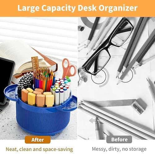 360 Degree Rotating Desk Organizer, Pencil Pen Holder with 5 Compartments and Tray Accessories, Desktop Supplies Organizers, Smooth Rotating Pen Holder Apply for Home, Office, School (Dark Blue) - Dark Blue thumbnail 4