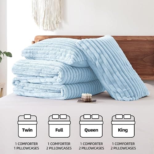 Smoofy Fluffy Queen Size Comforter 3 PCS - Light Blue Fleece Bedding Set | Luxury Fuzzy Plush & Super Soft Bed Set All Season, Heavy Cozy Warm Faux Fur Stripe Comforter with 2 Pillow Cases thumbnail 7