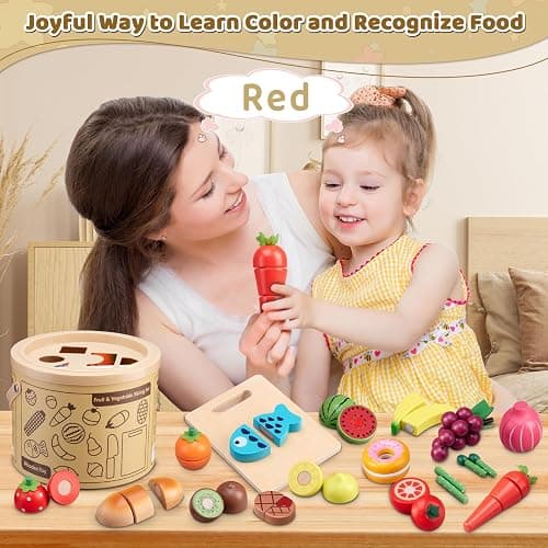 45 Pcs Wooden Pretend Play Food Set for Kids Kitchen - Realistic Cutting Fruits & Veggies with Easy-Cleanup Storage Bucket, Montessori Learning Toy Gift for Toddlers Ages 3-6 thumbnail 5