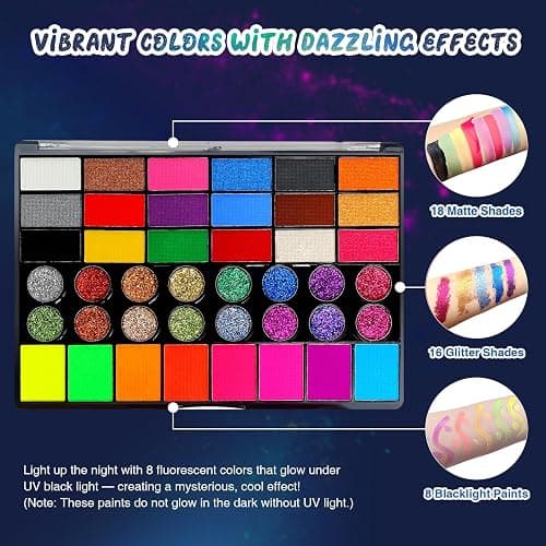 Professional Face Painting Kit for Kids – 42 Color Water-Activated Face Paint Makeup Palette with Stencils, Gems & Brushes – Non-Toxic Body Paint for Parties, Festivals, School Events & Carnival thumbnail 8
