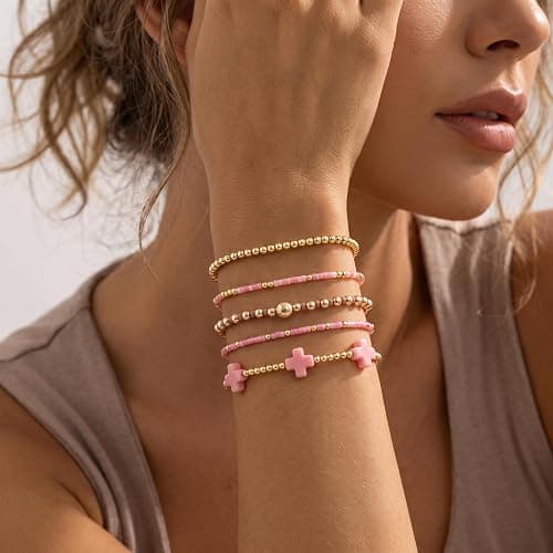 Bohxantium Gold Beaded Bracelets Stack for Women Stackable 14K Gold Plated Beads Ball Cross Bracelet Boho Christian Jewelry Faith Friendship Birthday Gifts for Women thumbnail 2