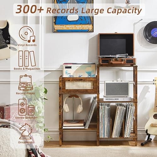 LELELINKY Record Player Stand, Vintage Brown Wood Record Holder with Vinyl Storage Holds up to 300+ Albums, 3-Tier Rattan Media Table with Vinyl Display Shelf, Record Storage Cabinet for Living Room thumbnail 4