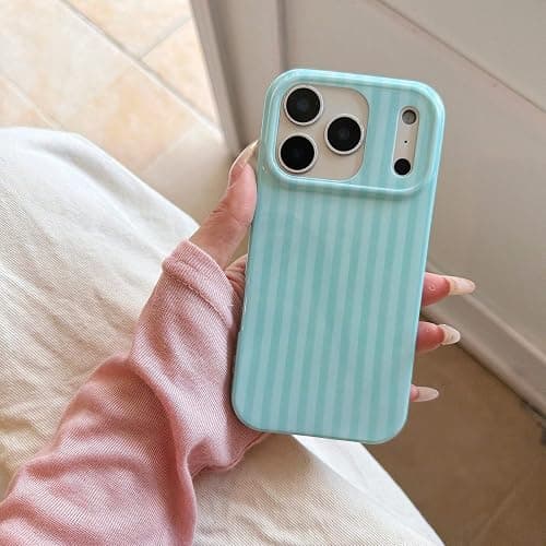 Reoomukk Cute Striped Teal Phone Case for iPhone 16 | Aesthetic Trendy Geometric Vertical Lines Pattern, Chic Fashion Simple Protective Cover for Girls Women thumbnail 3